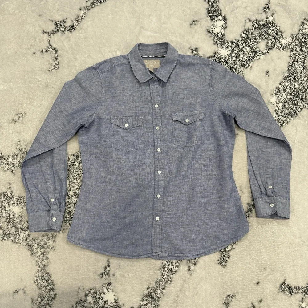 Banana Republic Linen Blend Shirt Mens Large Blue Chambray Soft Wash Button Up